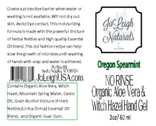 No Rinse Organic Aloe Vera & Witch Hazel  Hand Gel Oregon Spearmint