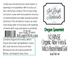 No Rinse Organic Aloe Vera & Witch Hazel  Hand Gel Oregon Spearmint