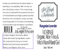 No Rinse Organic Aloe Vera & Witch Hazel  Hand Gel Hungarian Lavender